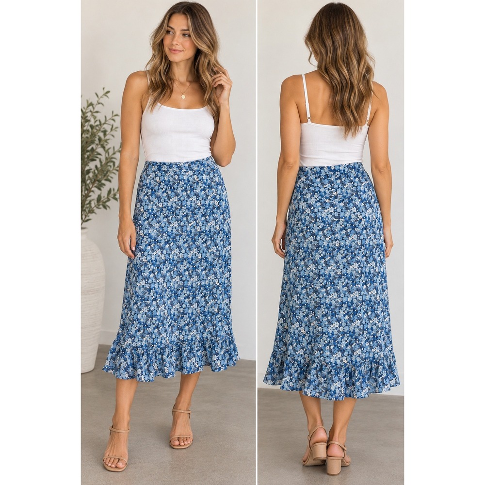 Blue Ditsy Floral Midi Skirt Size 12 Ruffle Hem Cottagecore Coquette Feminine